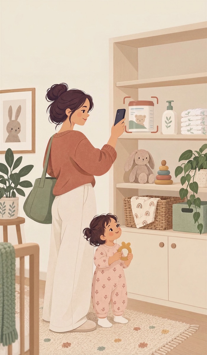 Illustration: a parent scanning a product on a nursery shelf while her toddler watches